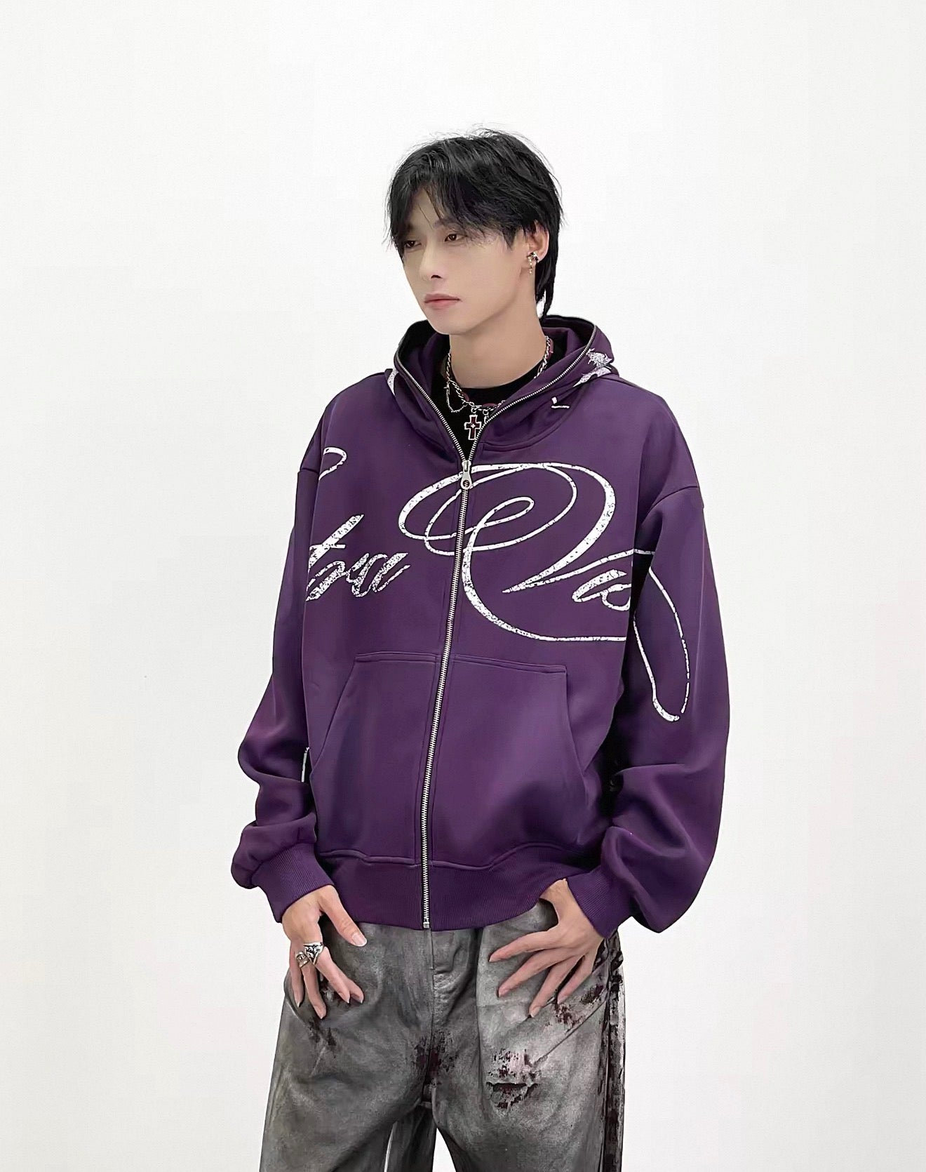Lost Division Vintage Feeling Graffiti Full Zip Hoodie – Oversized Y2K Streetwear