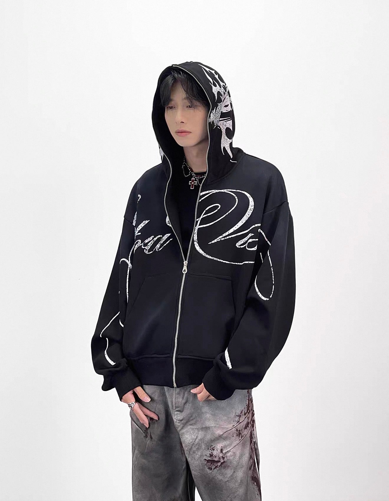 Lost Division Vintage Feeling Graffiti Full Zip Hoodie – Oversized Y2K Streetwear