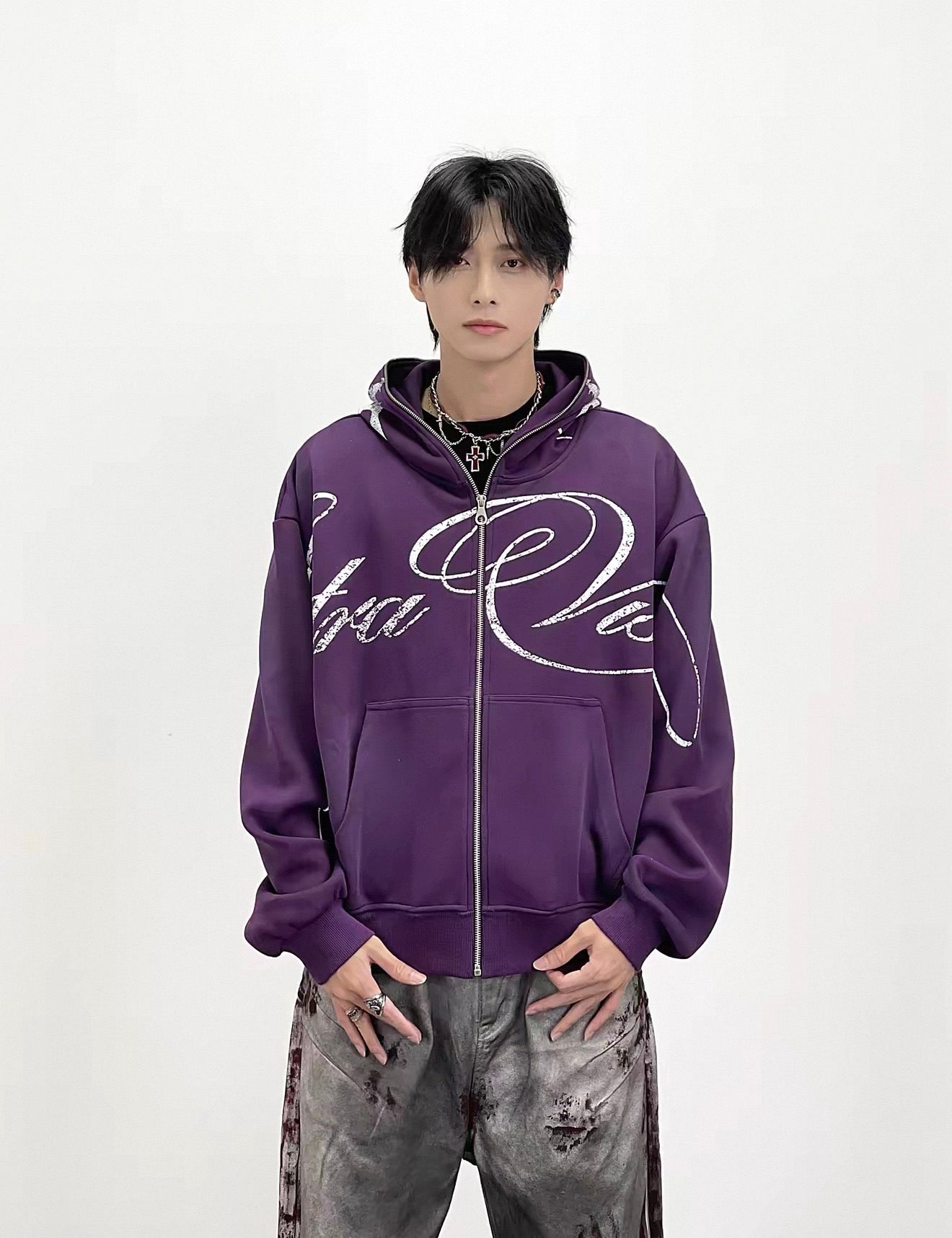 Lost Division Vintage Feeling Graffiti Full Zip Hoodie – Oversized Y2K Streetwear