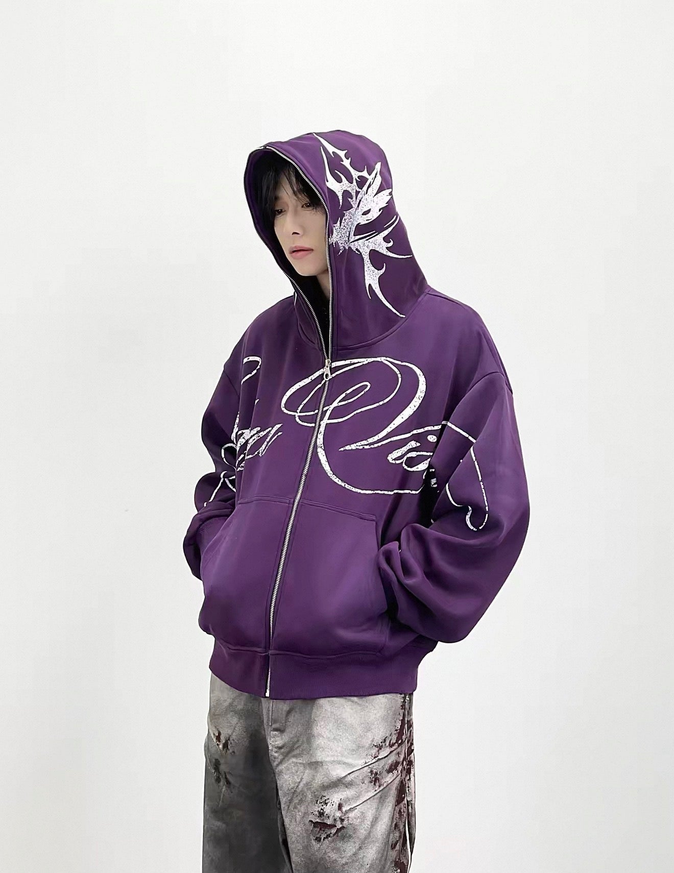 Lost Division Vintage Feeling Graffiti Full Zip Hoodie – Oversized Y2K Streetwear