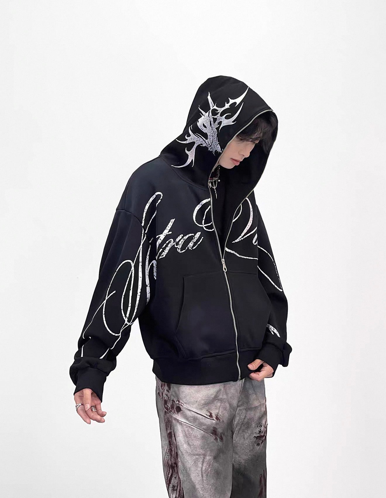 Lost Division Vintage Feeling Graffiti Full Zip Hoodie – Oversized Y2K Streetwear