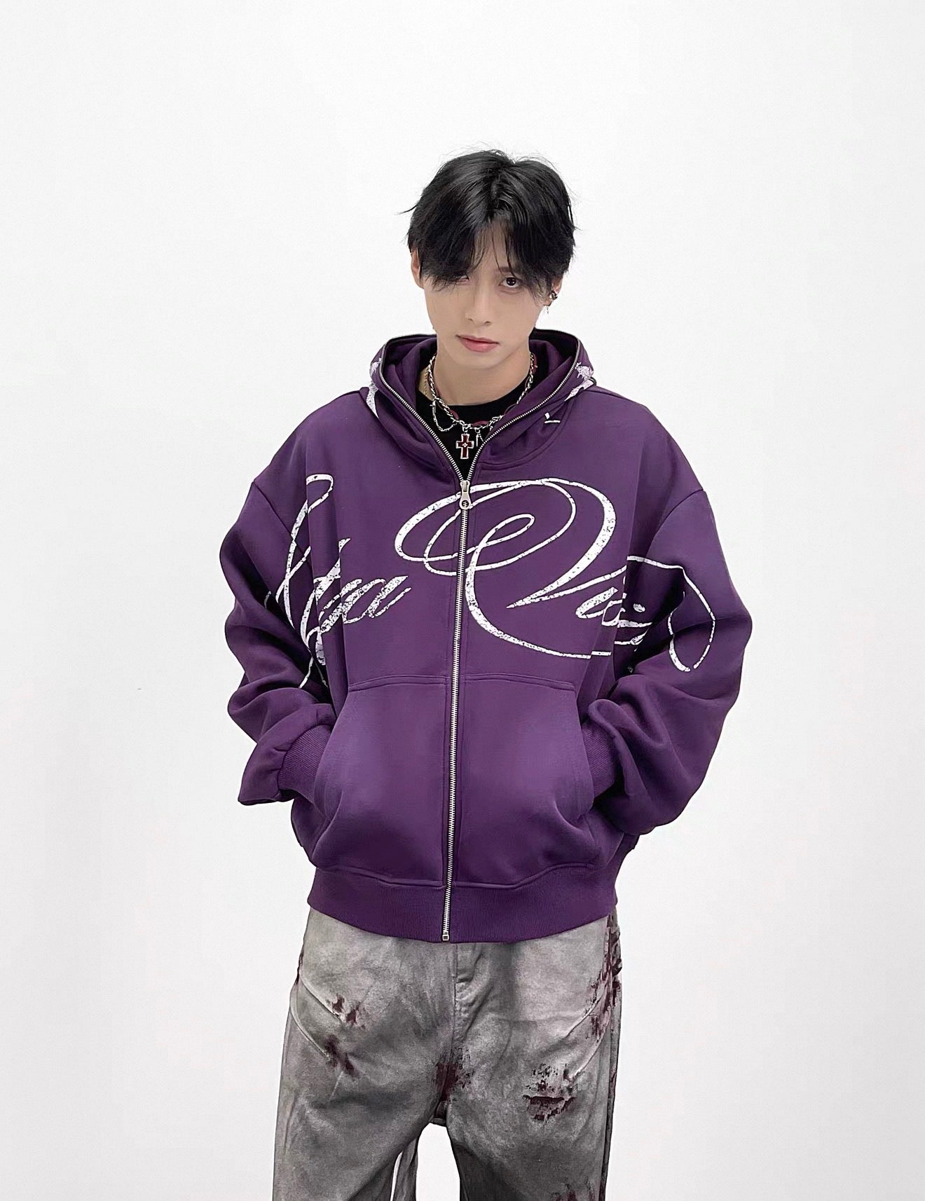 Lost Division Vintage Feeling Graffiti Full Zip Hoodie – Oversized Y2K Streetwear