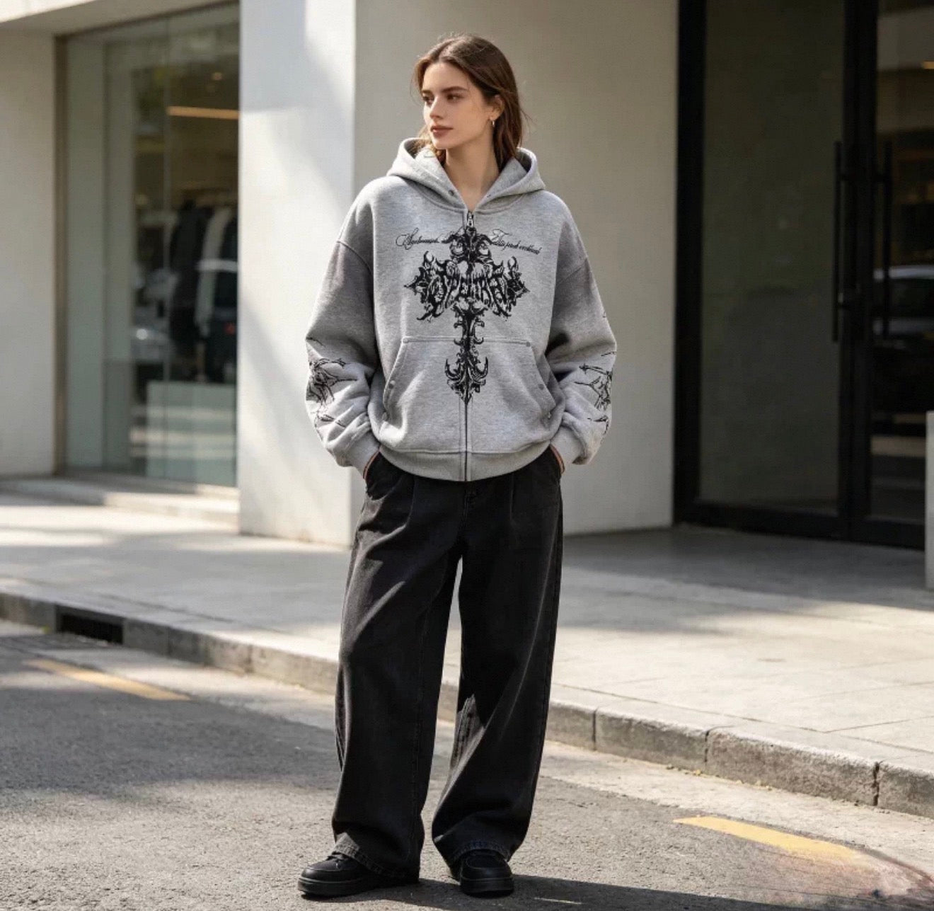 Y2K Gothic Cross Zip Hoodie