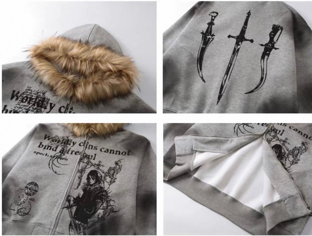 Lost Division Gothic Fur Zip Hoodie