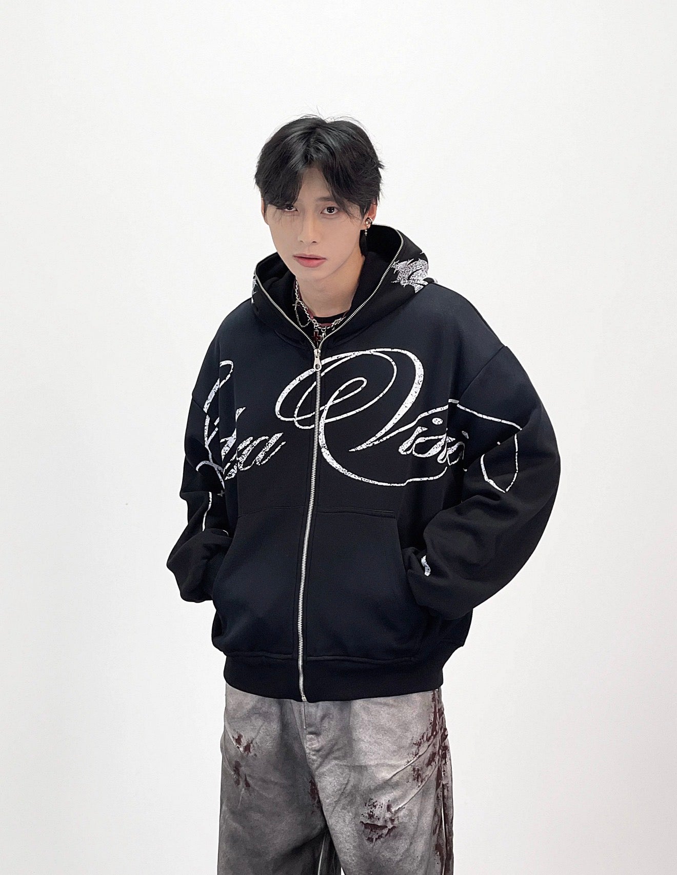 Lost Division Vintage Feeling Graffiti Full Zip Hoodie – Oversized Y2K Streetwear