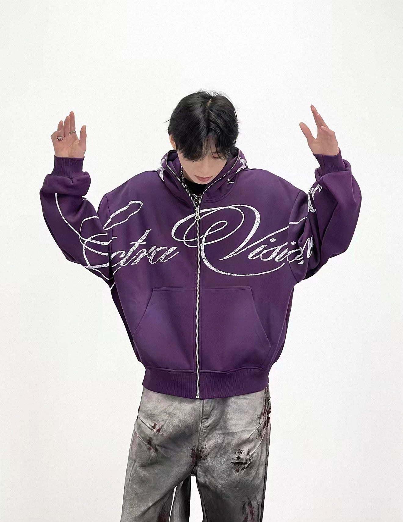 Lost Division Vintage Feeling Graffiti Full Zip Hoodie – Oversized Y2K Streetwear