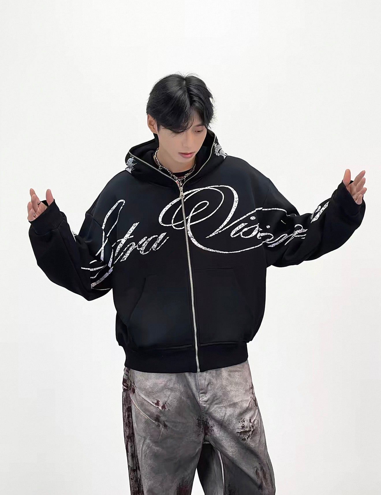 Lost Division Vintage Feeling Graffiti Full Zip Hoodie – Oversized Y2K Streetwear