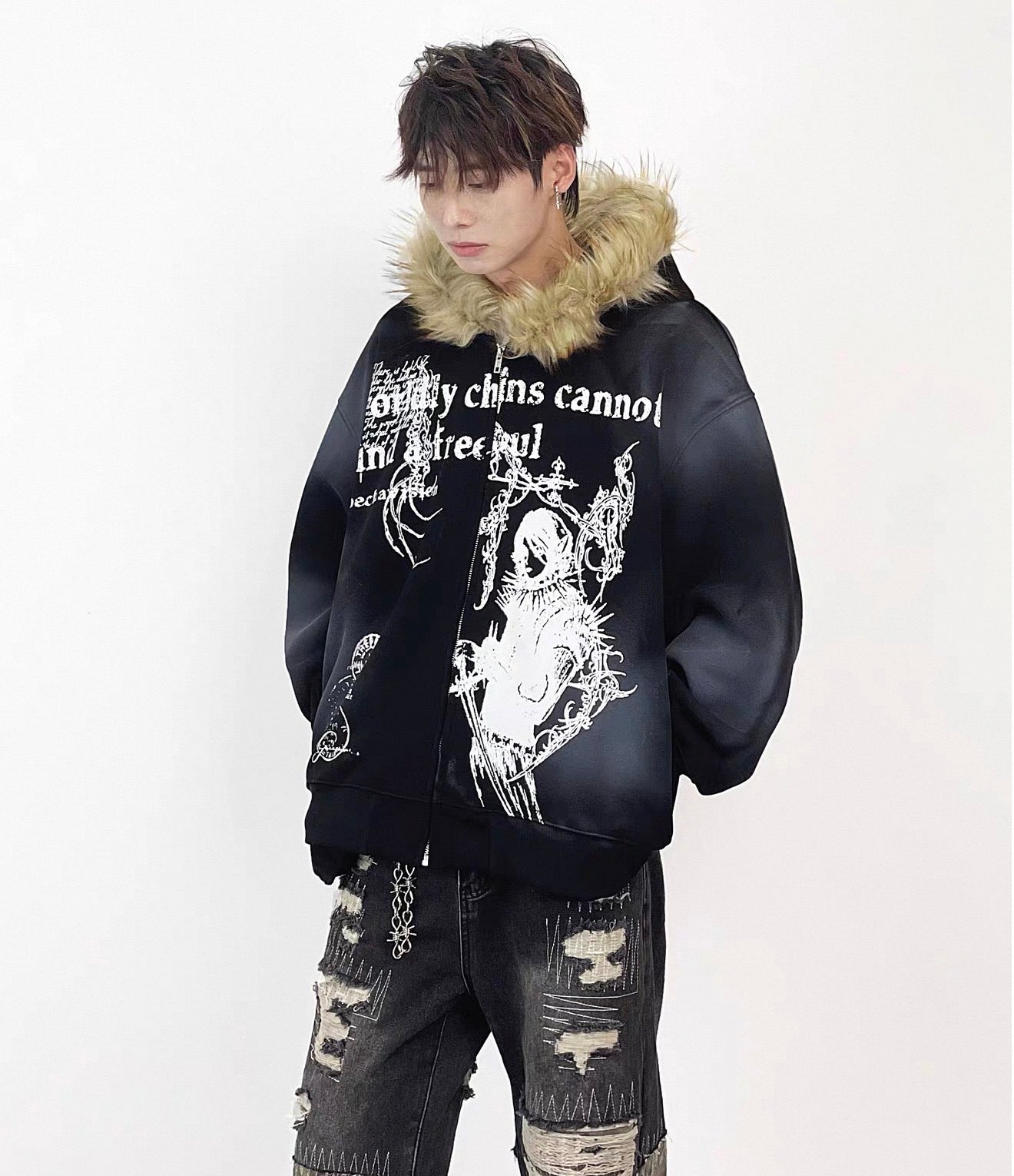 Lost Division Gothic Fur Zip Hoodie