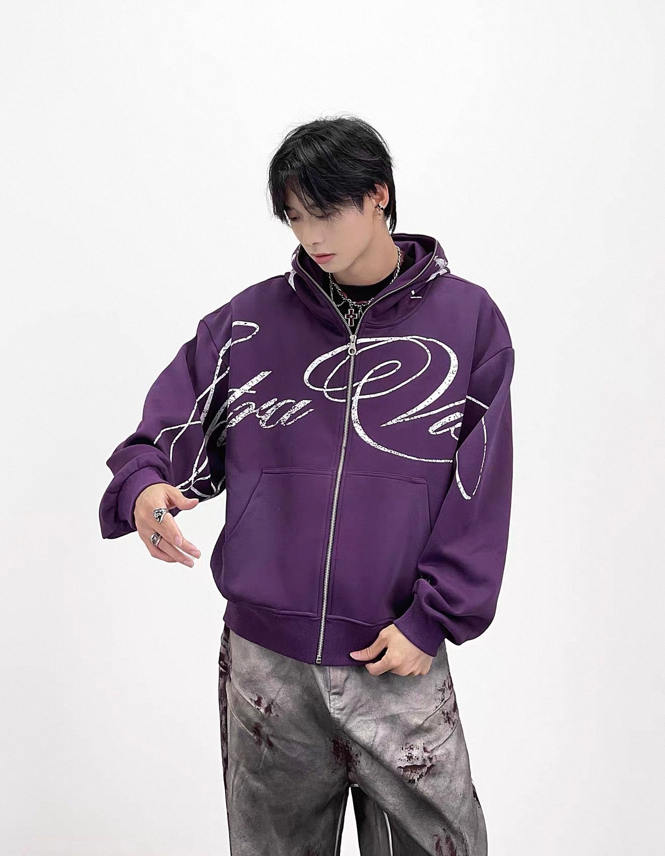 Lost Division Vintage Feeling Graffiti Full Zip Hoodie – Oversized Y2K Streetwear
