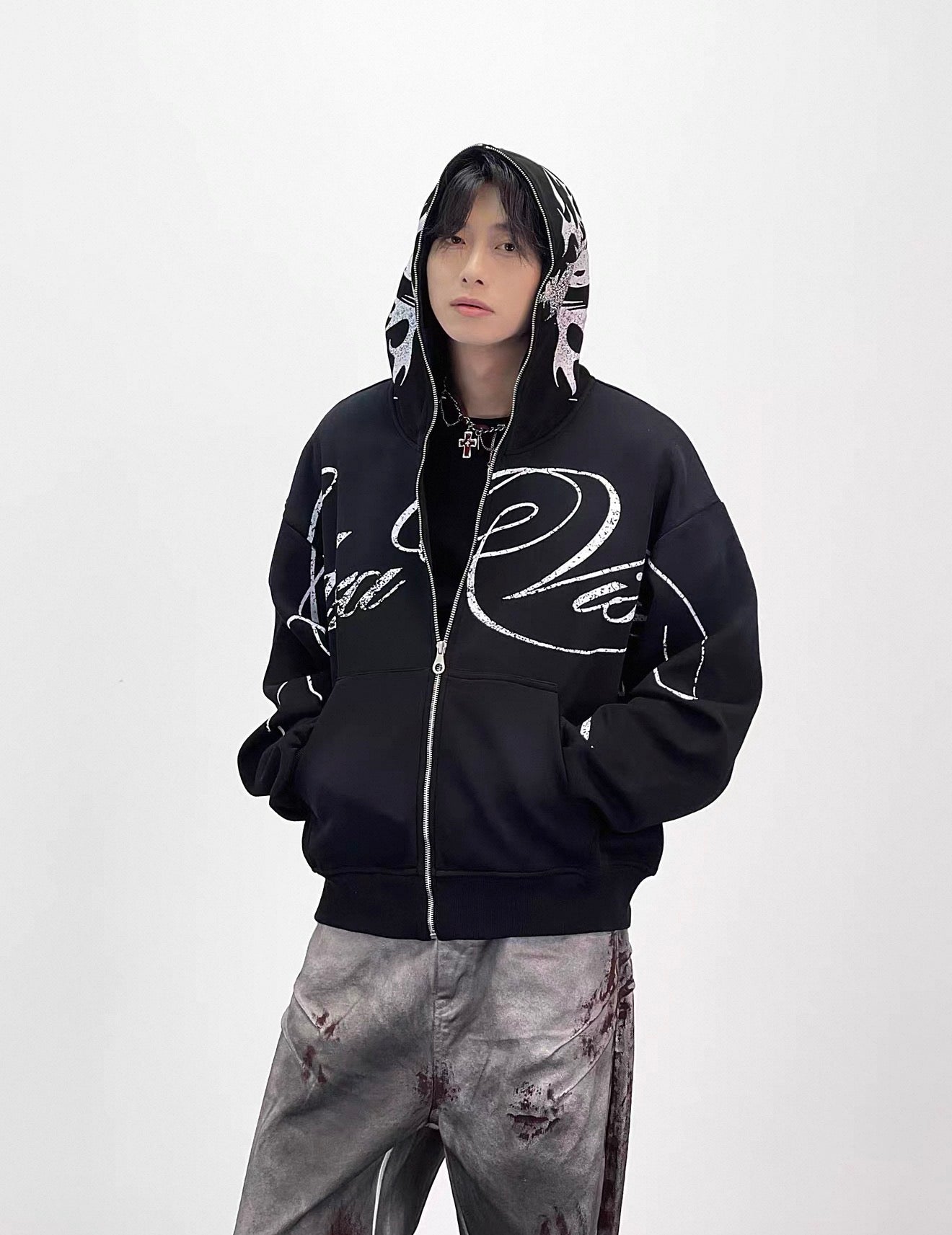 Lost Division Vintage Feeling Graffiti Full Zip Hoodie – Oversized Y2K Streetwear