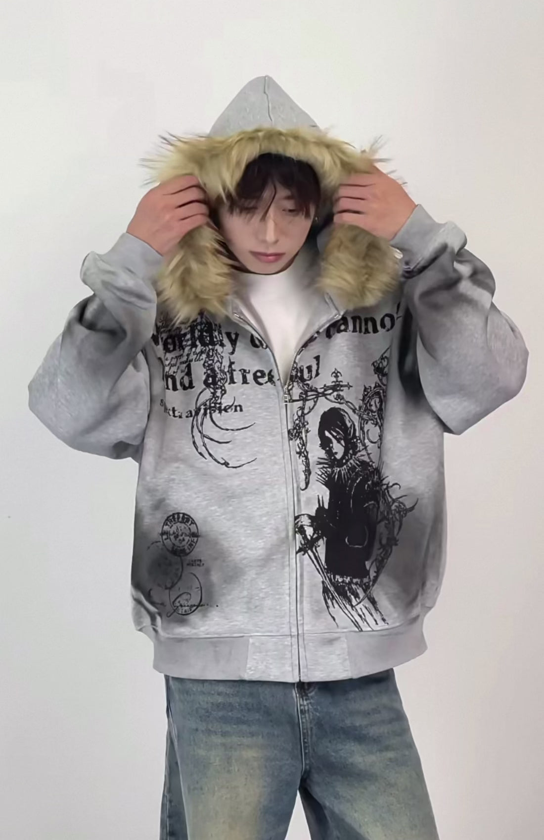 Load video: Lost Division Gothic Fur Zip Hoodie